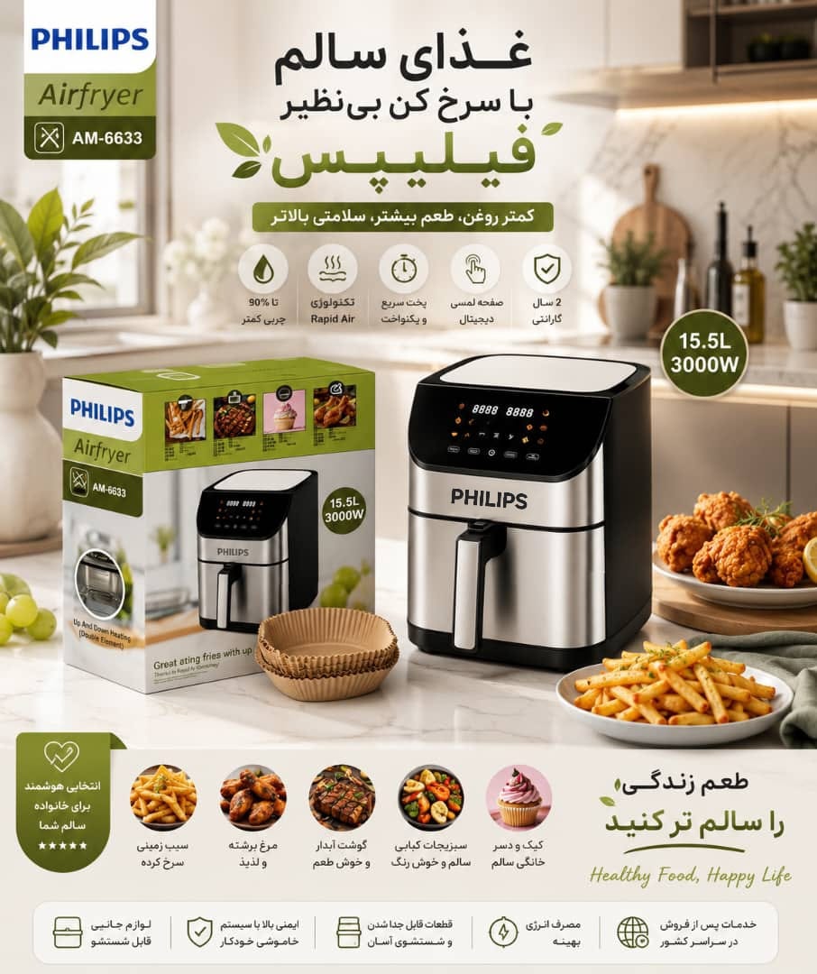 سرخکن وایرفرایر دوالمنت فیلیپس ۱۵.۵ لیتر دارای کاغذروغن مدلAM_۶۶۳۳